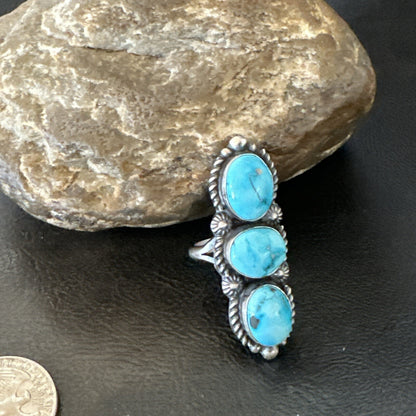 Navajo Sterling Silver Cluster Blue Turquoise 3 Stone Ring Sz 8 18597