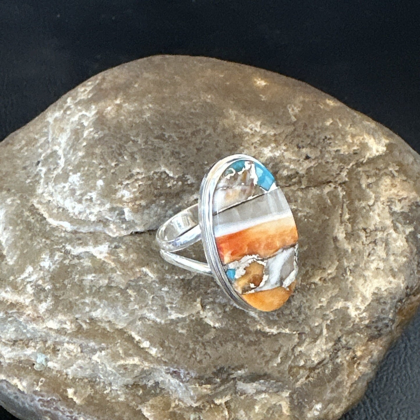 Blue Turquoise Spiny Oyster Navajo Sterling Silver Ring Size 8 18251