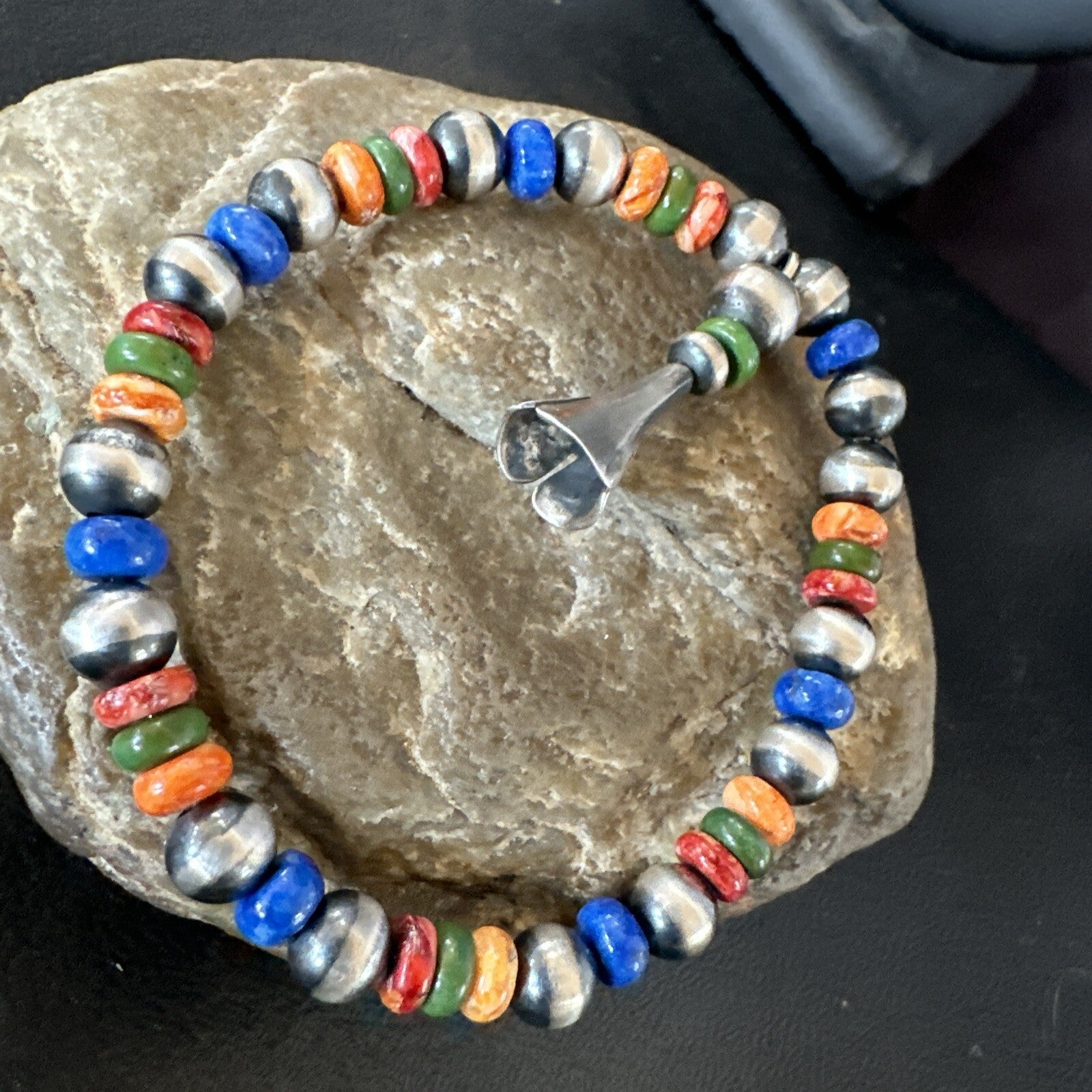 Multicolor Lapis Turquoise Stretch Bead Bracelet Navajo Sterling Silver 17908