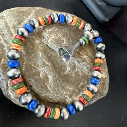 Multicolor Lapis Turquoise Stretch Bead Bracelet Navajo Sterling Silver 17908
