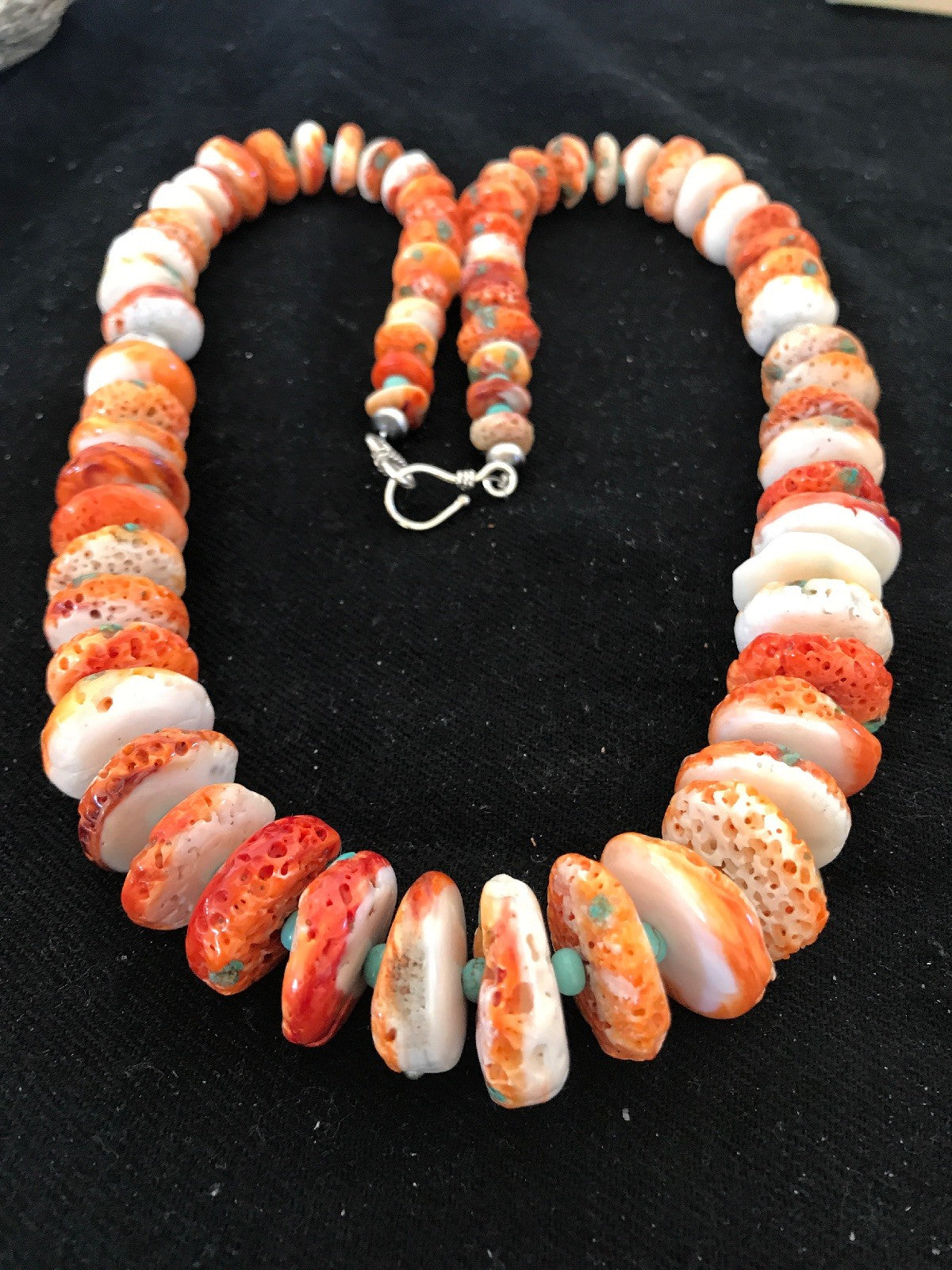 Orange Spiny Oyster Turquoise Navajo Indian Sterling Silver Necklace 22" 03607