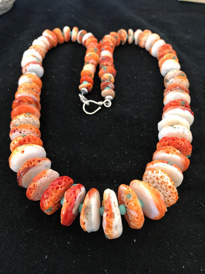 Orange Spiny Oyster Turquoise Navajo Indian Sterling Silver Necklace 22" 03607