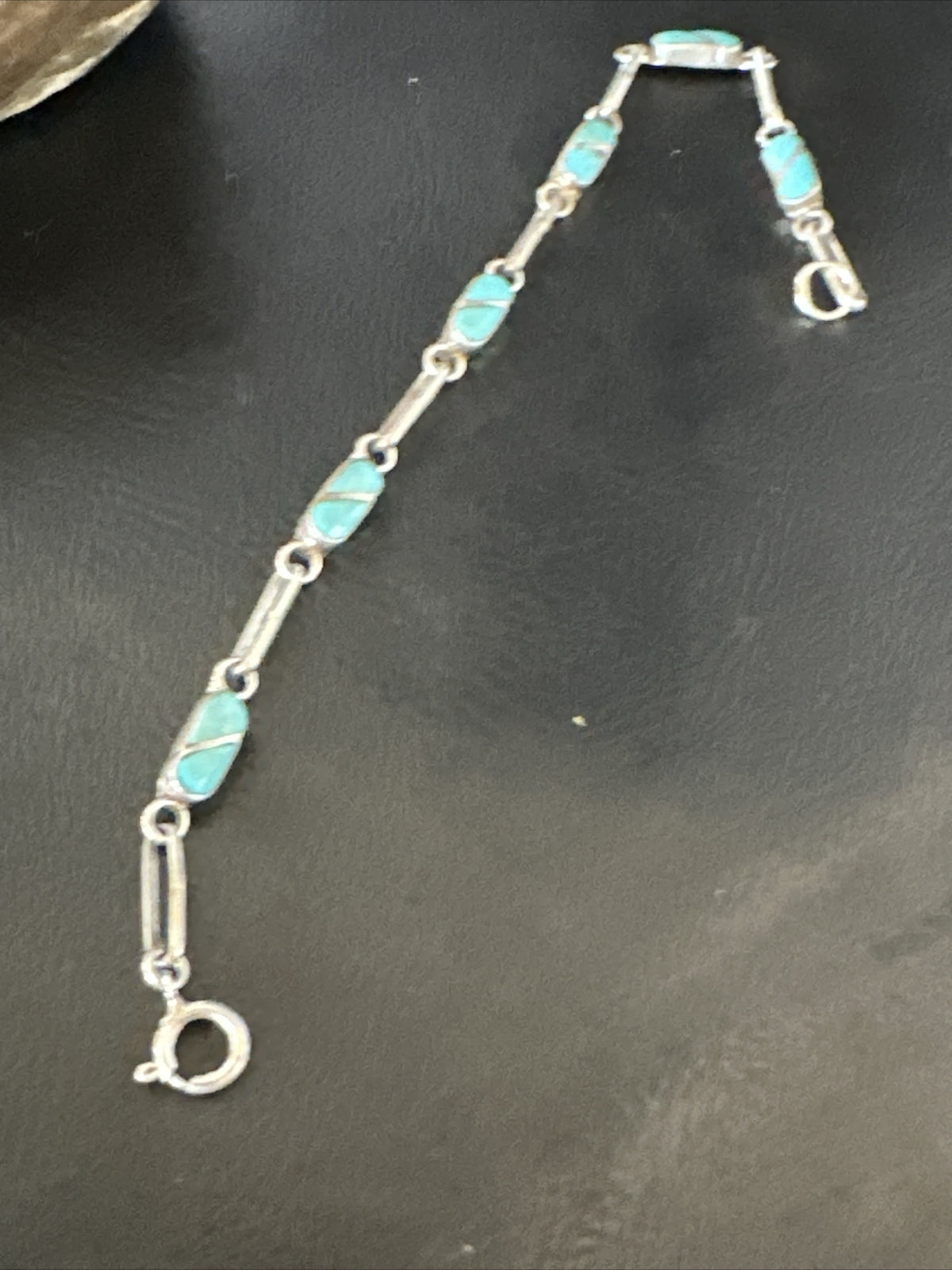 Blue Turquoise Navajo Old Pawn Sterling Silver Inlay Bracelet 7.5” 18152