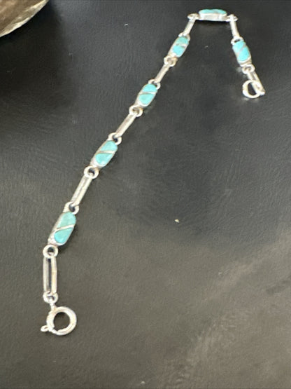 Blue Turquoise Navajo Old Pawn Sterling Silver Inlay Bracelet 7.5” 18152