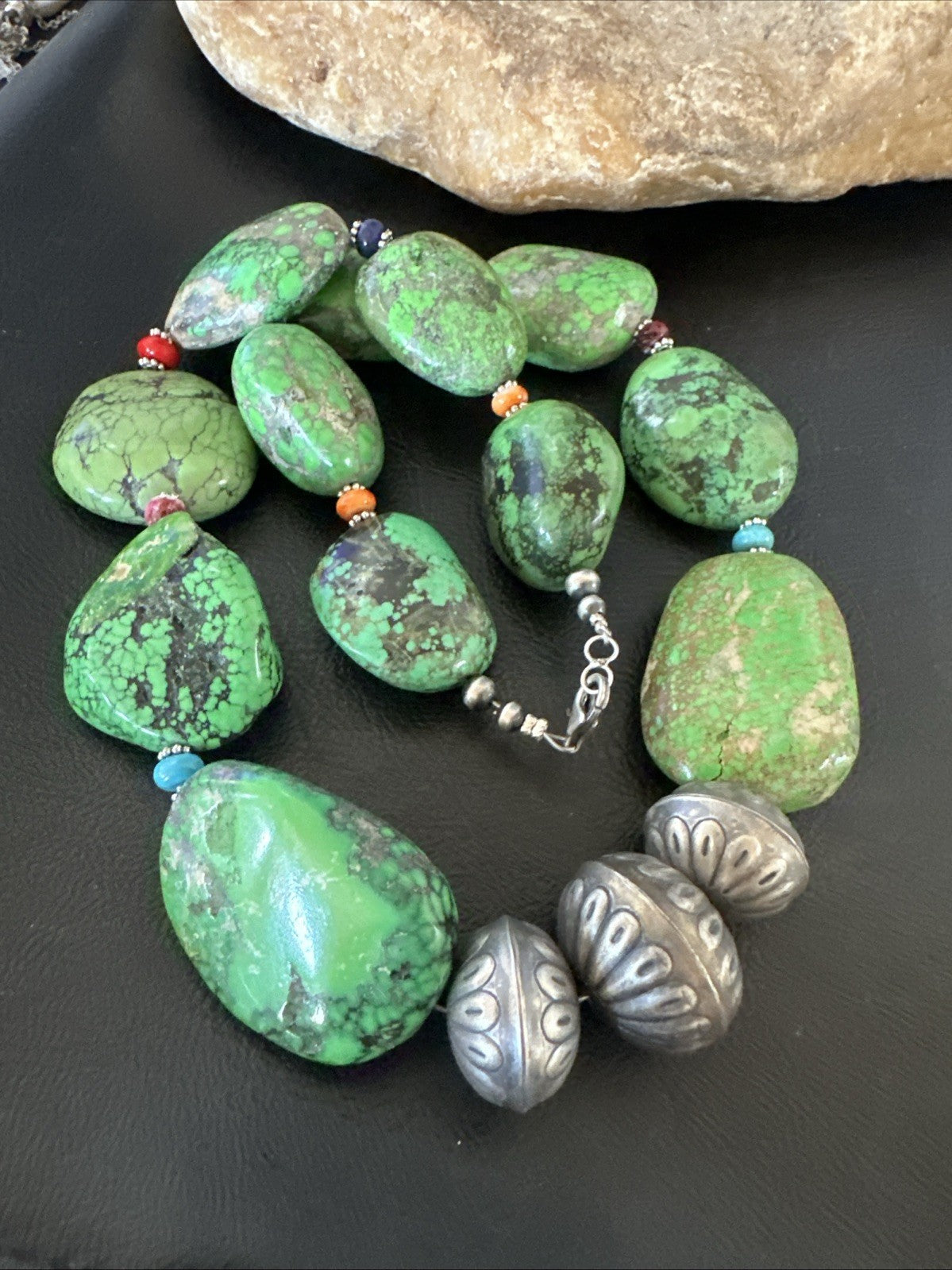 Green Turquoise Chunky Multicolor Southwest Sterling Silver Necklace 21" 19251