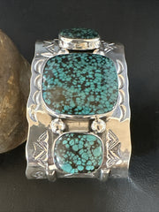 XL Blue Kingman Turquoise 3 Stone Navajo Cuff Bracelet | Sterling Silver | Authentic Native American Handmade | 18022