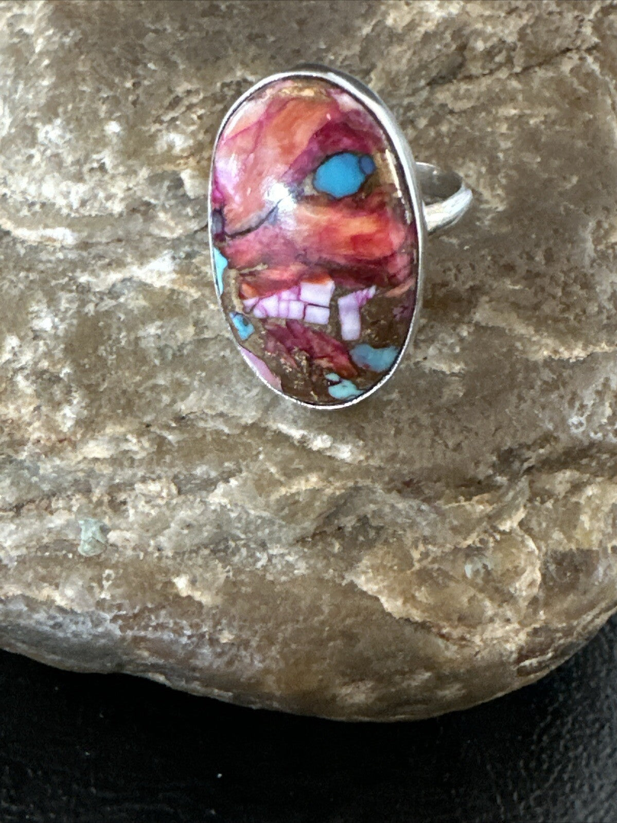 Blue Turquoise Purple Spiny Oyster Navajo Sterling Silver Ring Size 6 18205