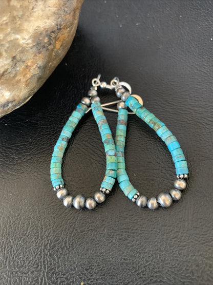 Blue Turquoise Heishi Sterling Silver Navajo Beads Earrings 2" 13043