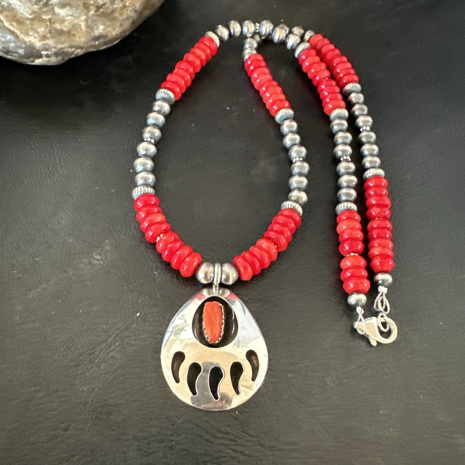 Mens Red Coral BearPaw Pendant Navajo Pearls Sterling Silver Necklace 17883