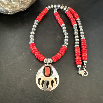 Mens Red Coral BearPaw Pendant Navajo Pearls Sterling Silver Necklace 17883
