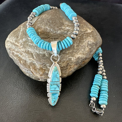 Blue Turquoise Inlay Pendant Navajo Sterling Native American Necklace 20" 19510