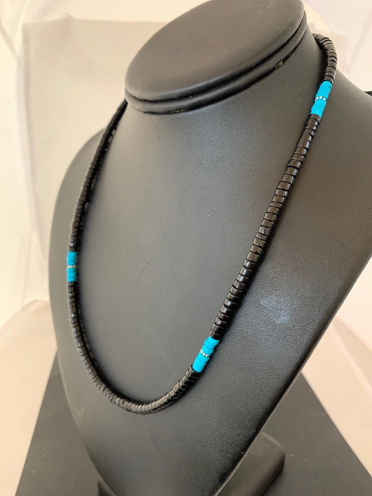 Native Mens Blue Turquoise Heishi Onyx Necklace Navajo Sterling Silver 8823