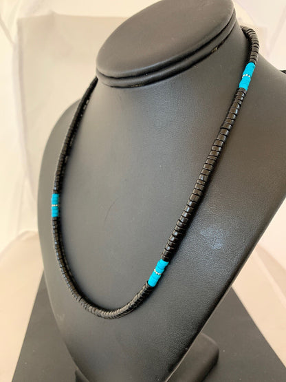 Native Mens Blue Turquoise Heishi Onyx Necklace Navajo Sterling Silver 8823