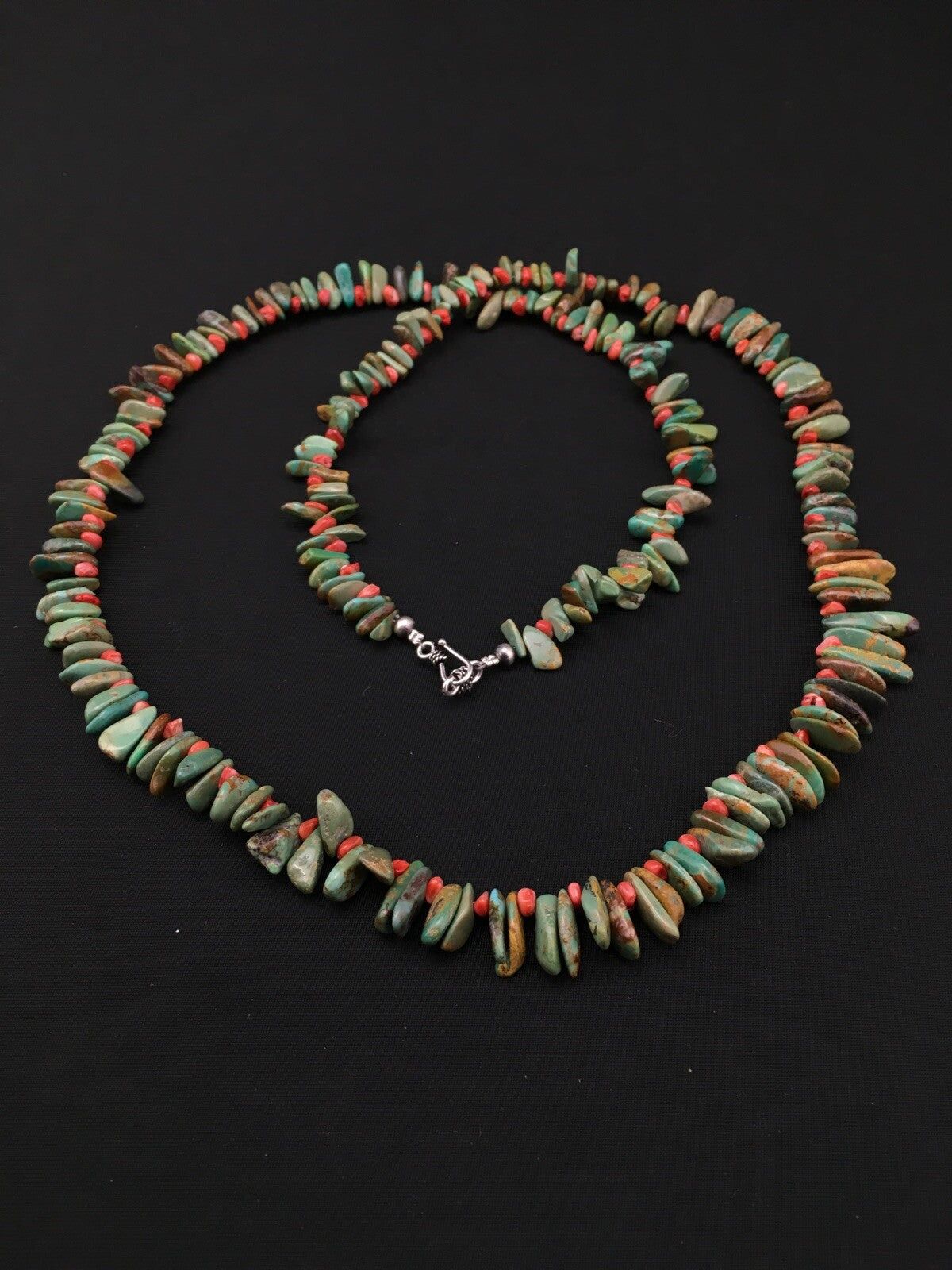 Green Turquoise & Spiny Oyster Navajo Sterling Silver Necklace 34" 04738