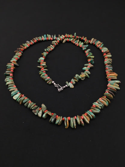 Green Turquoise & Spiny Oyster Navajo Sterling Silver Necklace 34" 04738