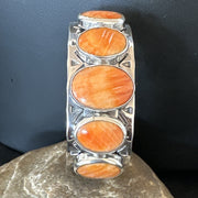 Stamped Orange Spiny Oyster Navajo 5 Stone Cuff Bracelet | Sterling Silver | Authentic Native American Handmade | 17941