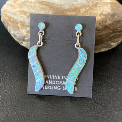 Womens Blue Opal Inlay Navajo Sterling Silver Dangle Post Earrings 12774