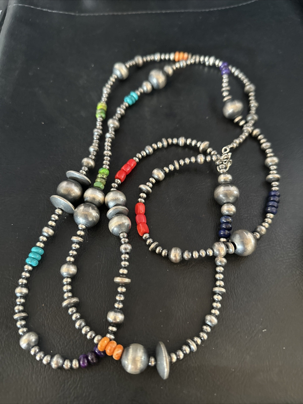 Turquoise Coral Spiny Oyster Navajo Pearls Sterling Silver Bead Necklace 51" -N