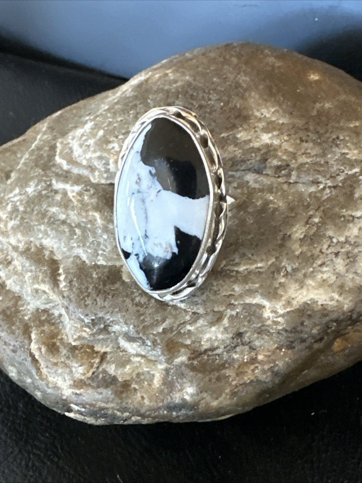 Black White Buffalo Turquoise Navajo Sterling Silver Ring Size 7 19806