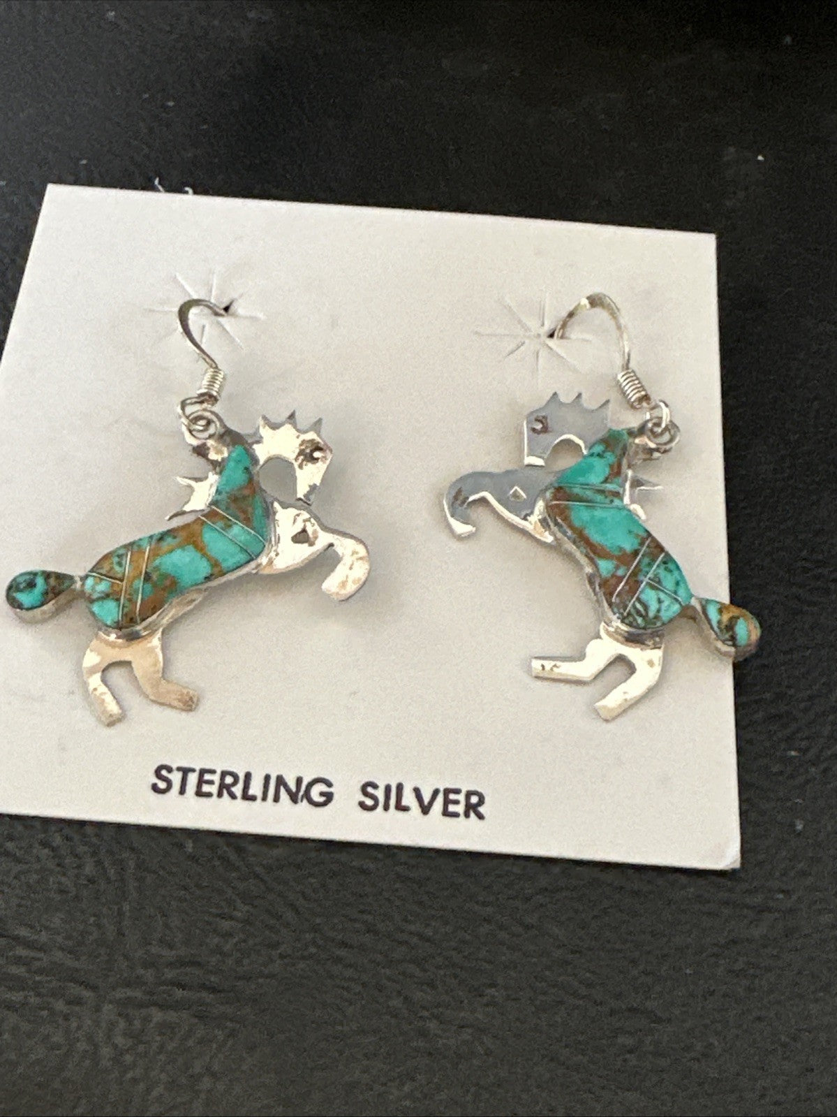 Turquoise Horse Inlay Navajo Sterling Silver Earrings 19826