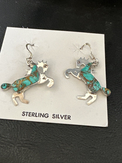 Turquoise Horse Inlay Navajo Sterling Silver Earrings 19826