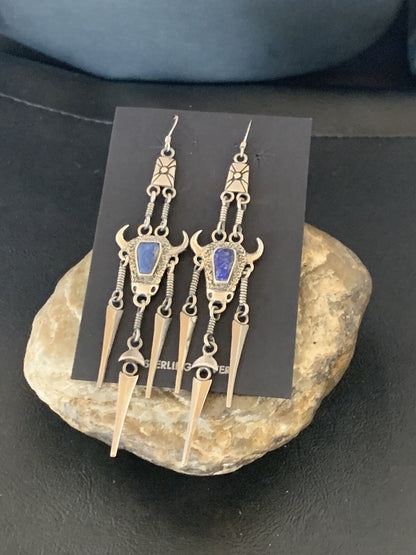 Denim Blue Lapis Lazuli Inlay Navajo Sterling Silver Dangle Earrings 04518
