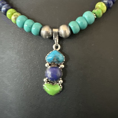 Blue Lapis Green Turquoise Cluster Pendant Navajo Sterling Silver Necklace 19659