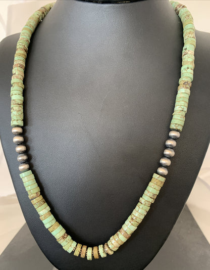 Men Green Turquoise Heishi Sterling Silver Necklace Navajo P Stab 8mm 22” 10084