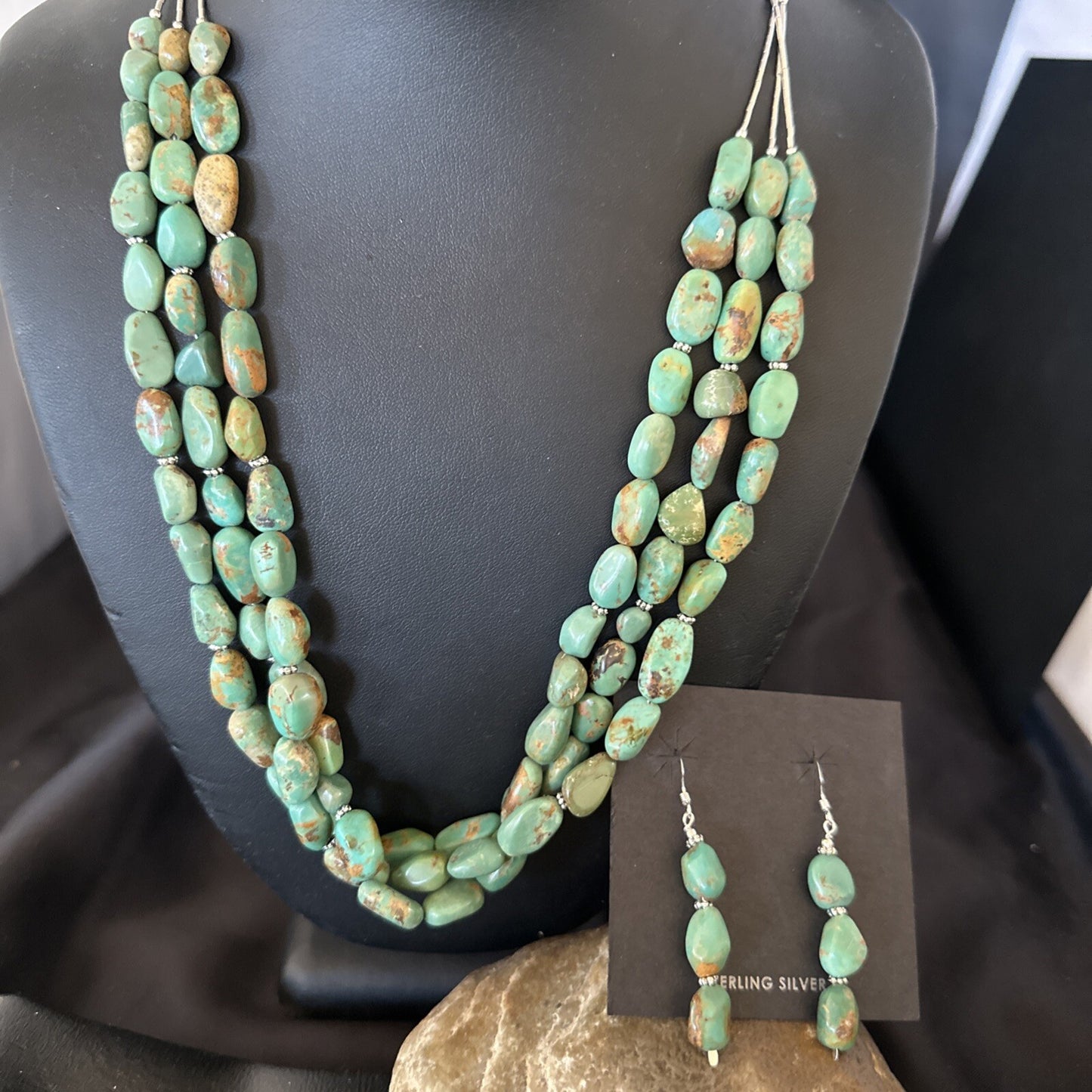 Green Turquoise Heishi 3S Navajo Sterling Silver 22" Necklace Earrings 18568