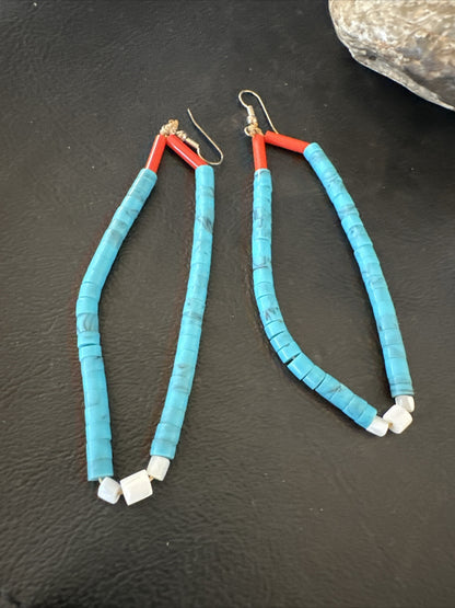 Blue Turquoise Coral Santo Domingo Sterling Silver Long Dangle Earrings 3" 17848