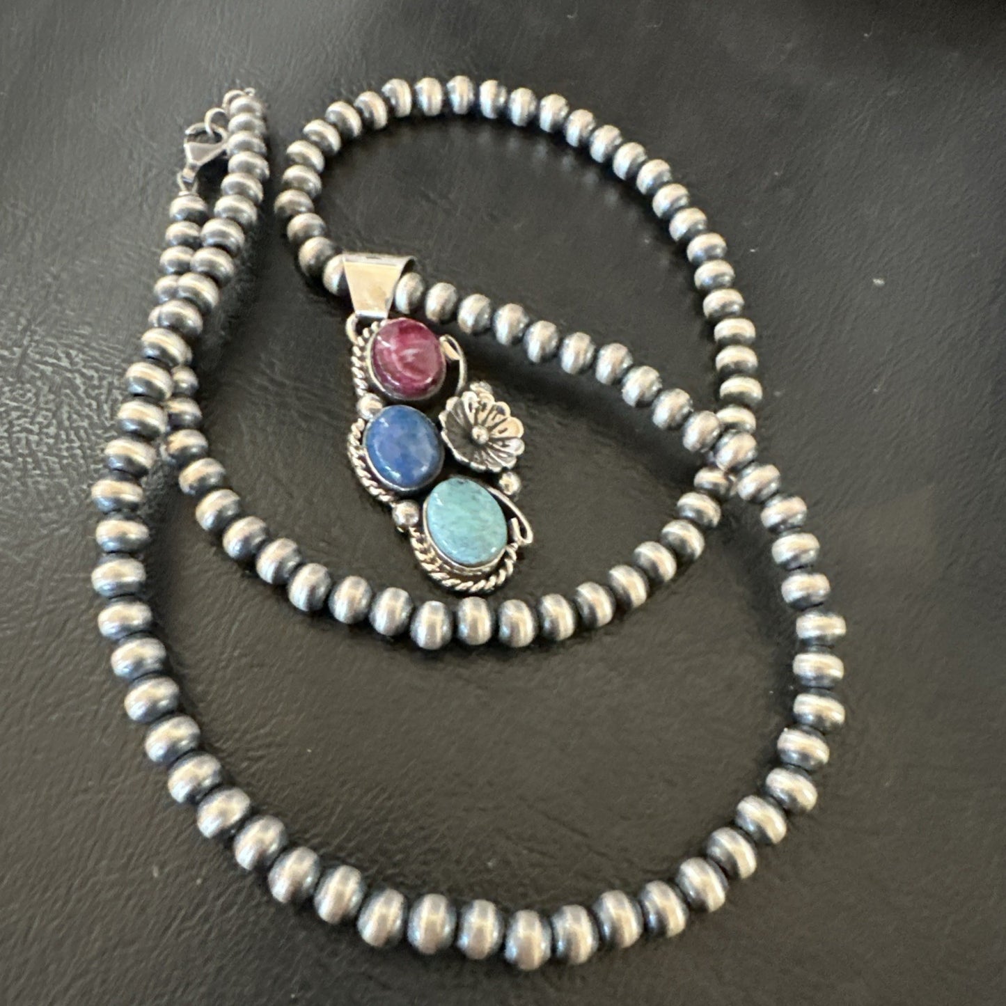Multicolor Turquoise Spiny Navajo Sterling Silver Cluster Pendant Necklace 19312