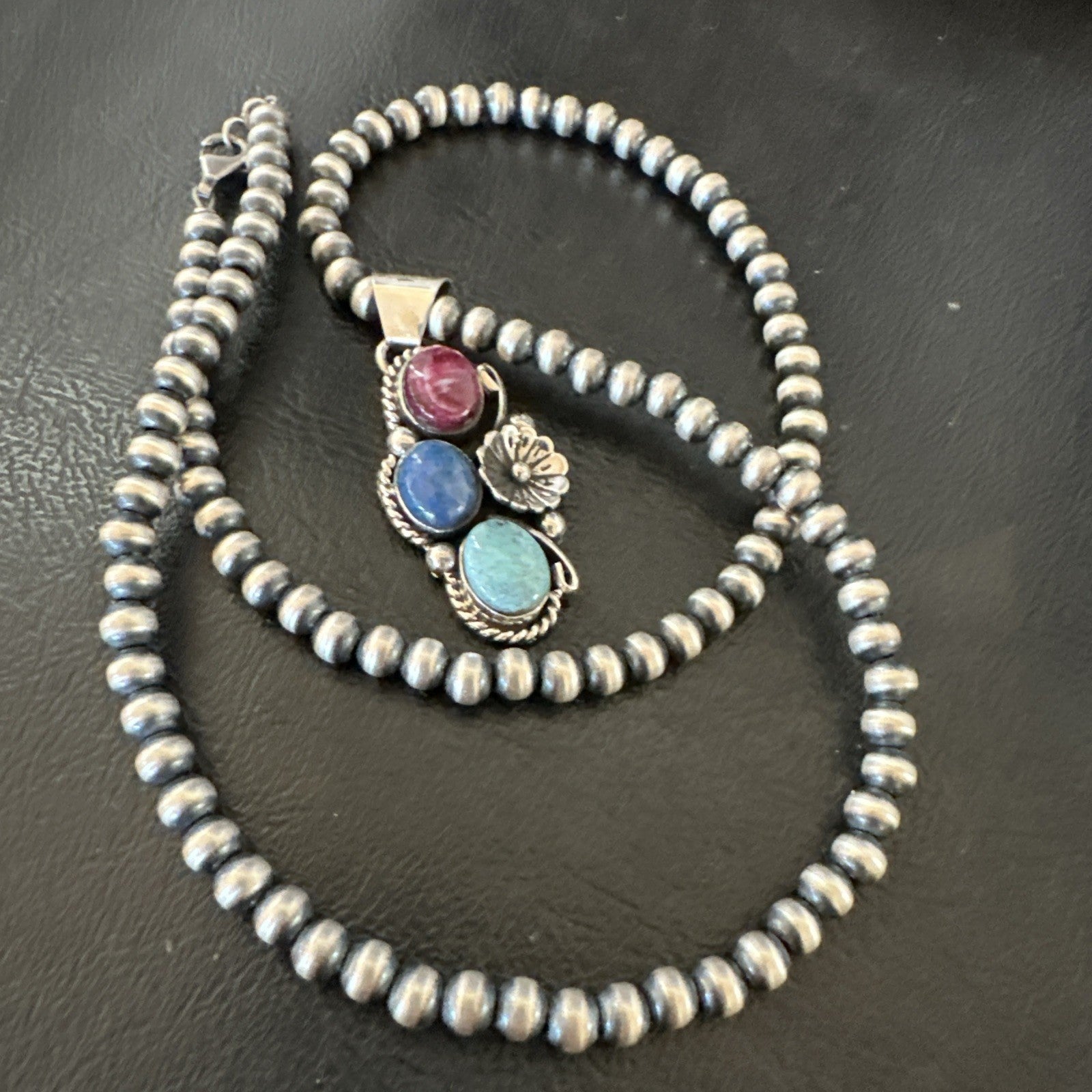 Multicolor Turquoise Spiny Navajo Sterling Silver Cluster Pendant Necklace 19312