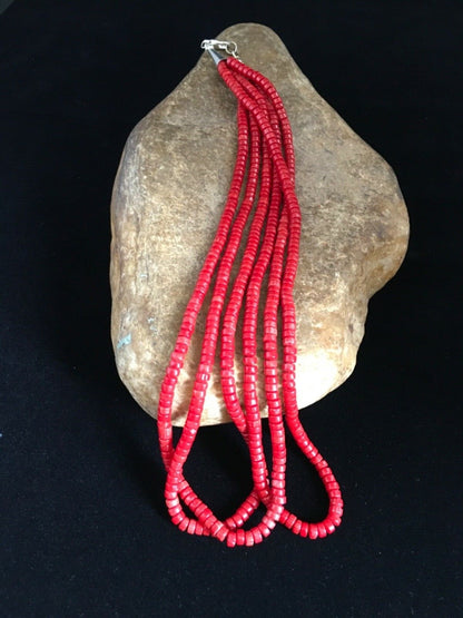 Red Coral Stabilized 3 Strands Navajo Sterling Silver Heishi Necklace 01778