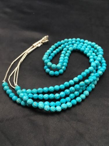 Blue Turquoise Faceted Bead 2 Strand Navajo Liquid Sterling Necklace 04368