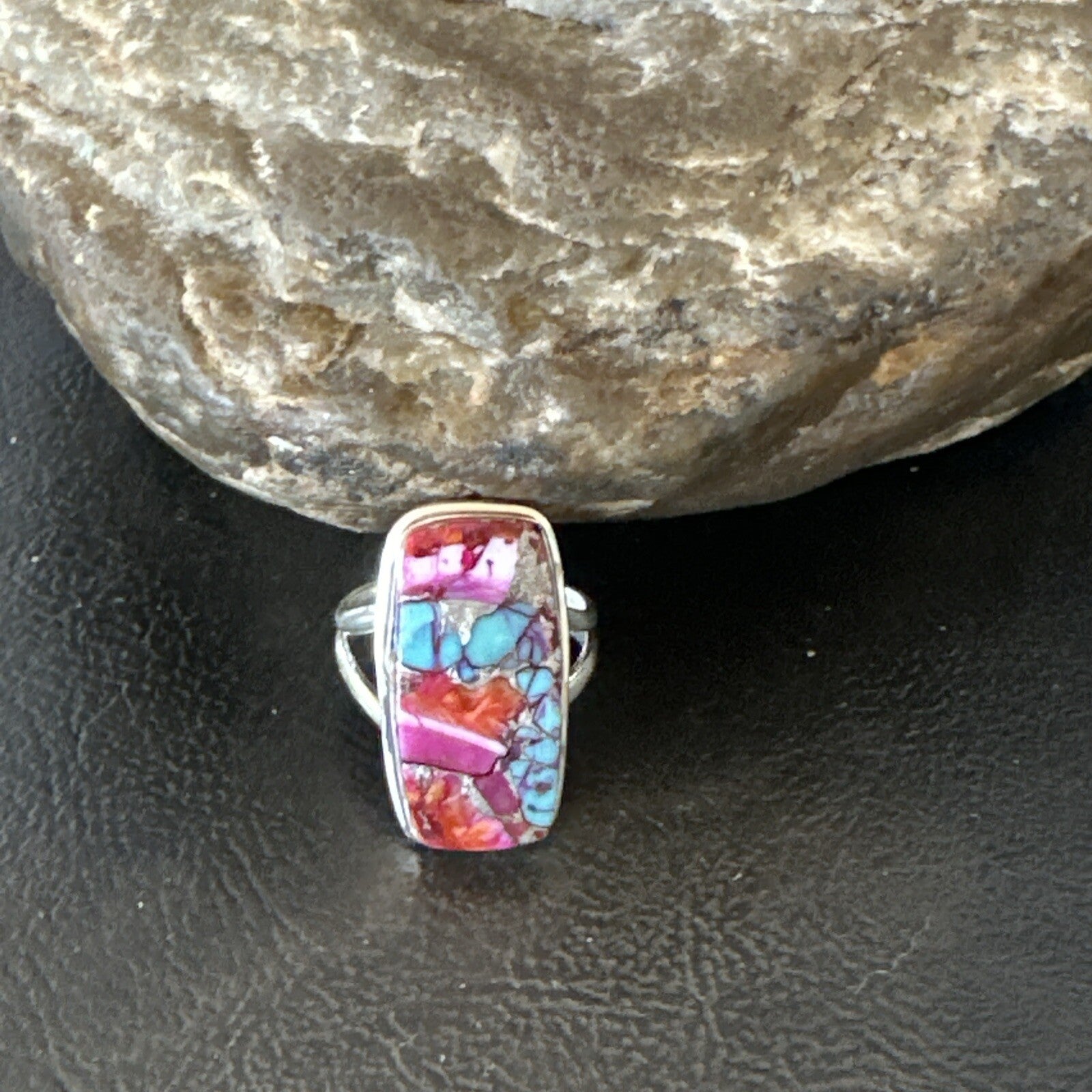 Blue Turquoise Spiny Oyster Southwestern Sterling Silver Ring Size 7 18492