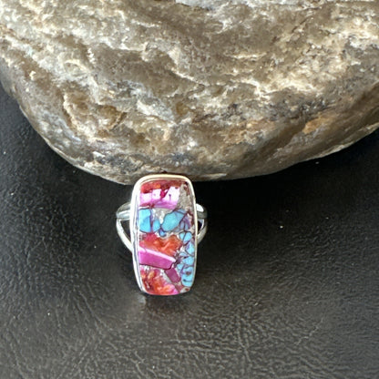 Blue Turquoise Spiny Oyster Southwestern Sterling Silver Ring Size 7 18492