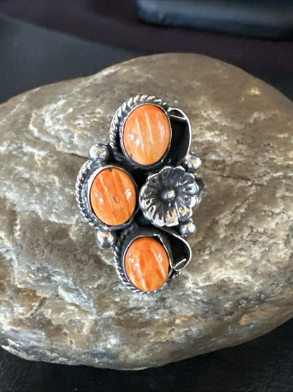Orange Spiny Oyster Cluster Navajo Sterling Silver Ring Size 6.5 19185