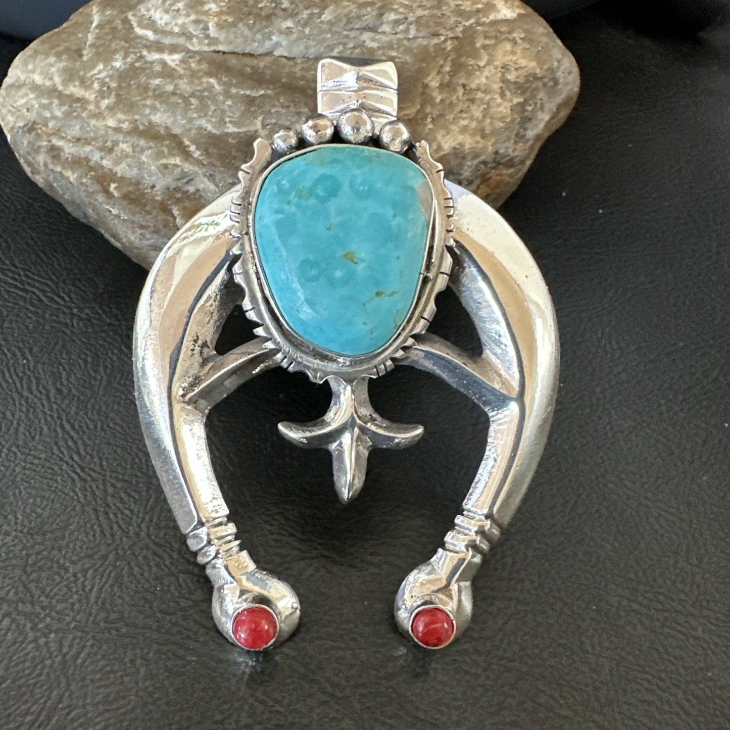 Tufa Cast Navajo Sterling Silver Blue Kingman Turquoise Coral Naja Pendant 19355