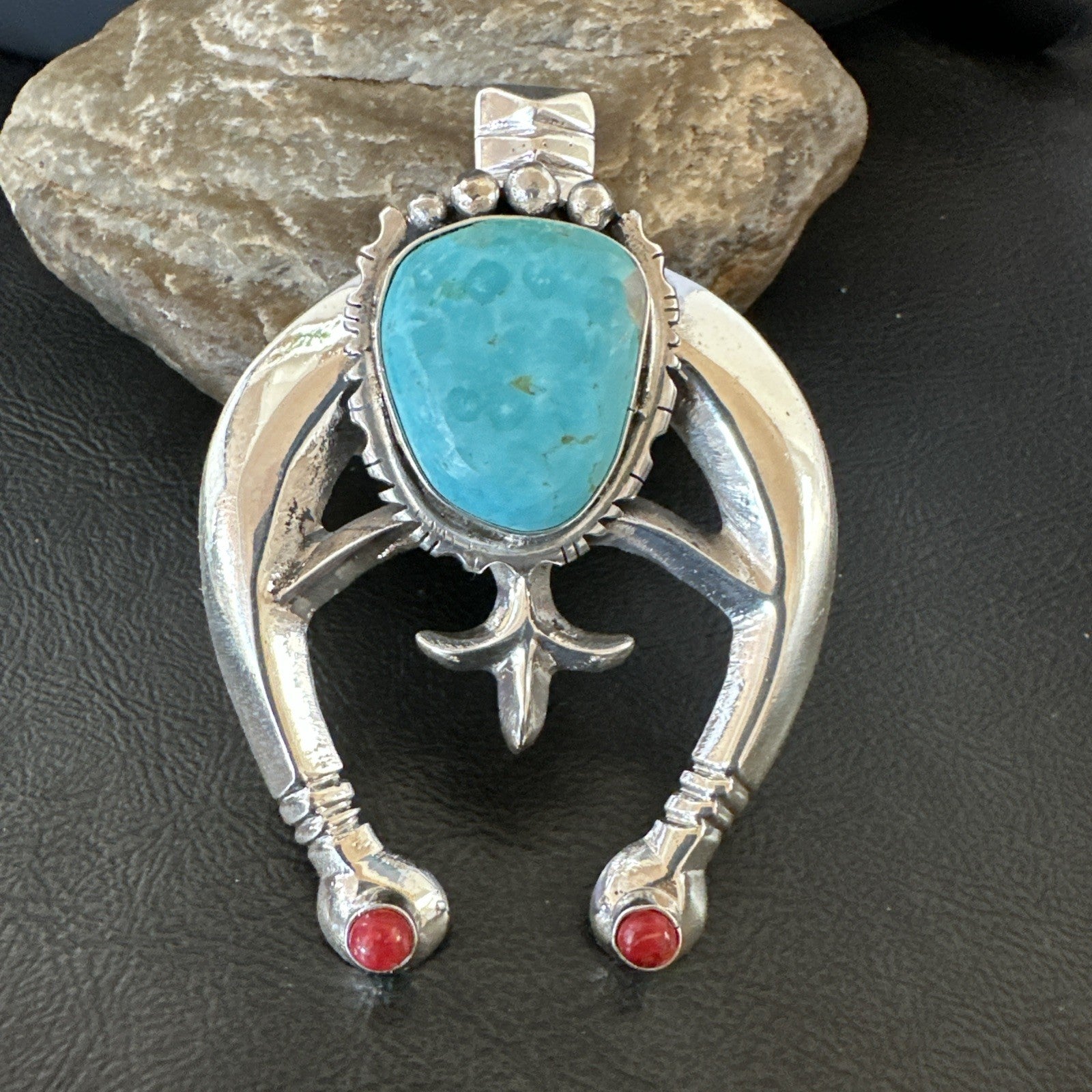 Tufa Cast Navajo Sterling Silver Blue Kingman Turquoise Coral Naja Pendant 19355