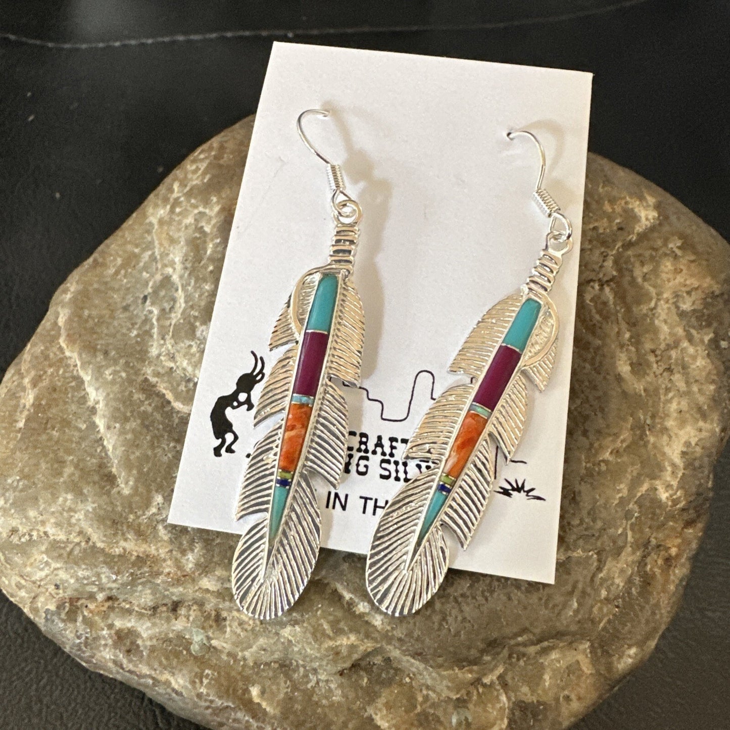 Multicolor Turquoise Sterling Silver Handmade Inlay Feather Earrings 18698