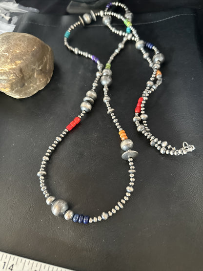 Turquoise Coral & Spiny Oyster Navajo Pearls Sterling Silver Bead Necklace 60"