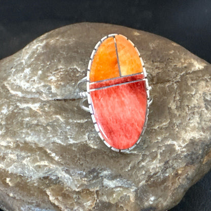 Women Orange Red Spiny Oyster Navajo Sterling Silver Ring Sz 8.5 17798