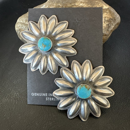 Navajo Blue Turquoise Sterling Silver Stamped Flower Earrings 19083