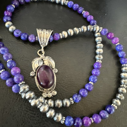 Purple Stone Pendant Navajo Pearls Sterling Silver Necklace 18387