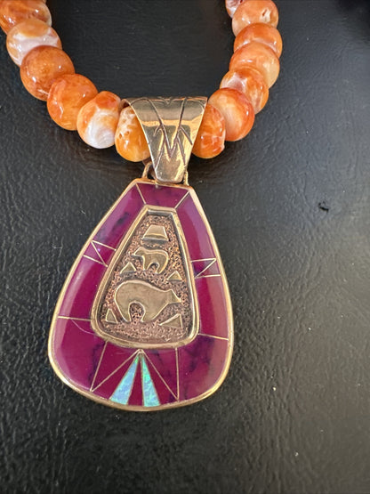 Turquoise Purple Ston Spiny Bronze Pendant Navajo Sterling Silver Necklace 14990