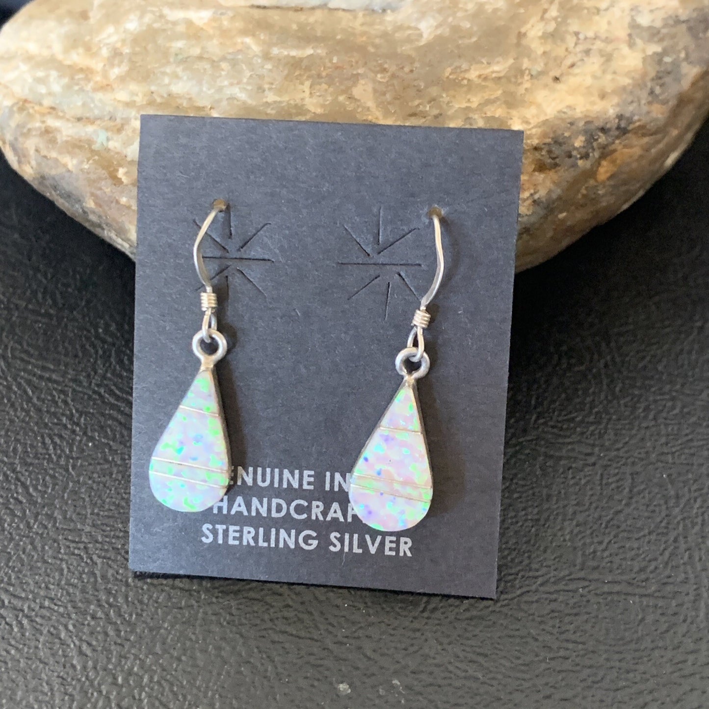 Womens White Opal Inlay Navajo Sterling Silver Dangle Post Earrings 0.5" 12770