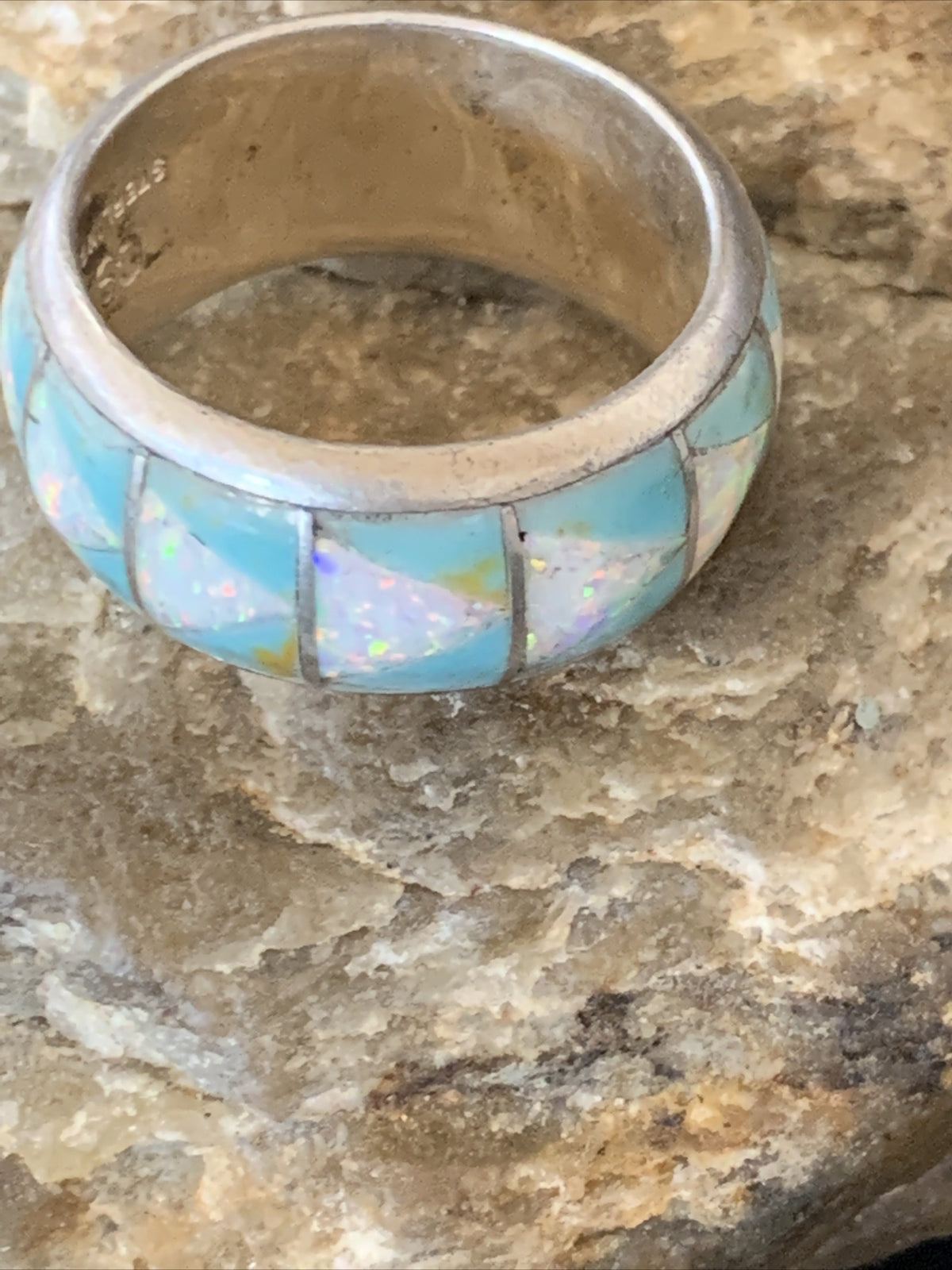 Mens Blue Turquoise & Opal Navajo Sterling Silver Inlay Ring Size 10 12571