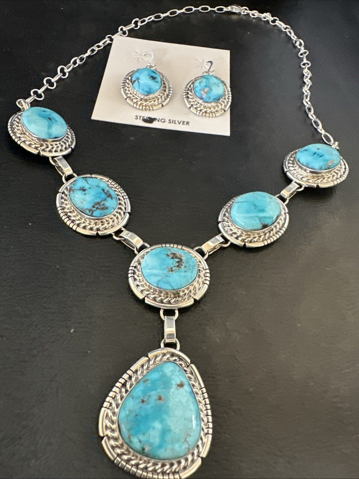 New Women Blue Kingman Turquoise Necklace Earrings Sterling Silver 19” 18620