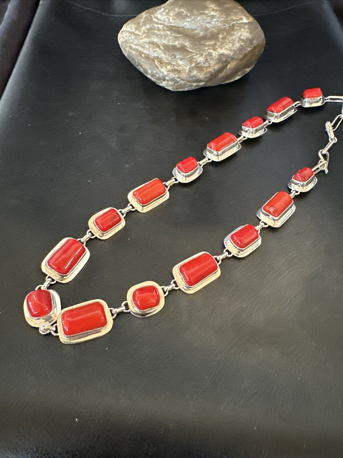 Handmade Women Red Coral Choker Necklace Pendant Sterling Silver 20” 18412