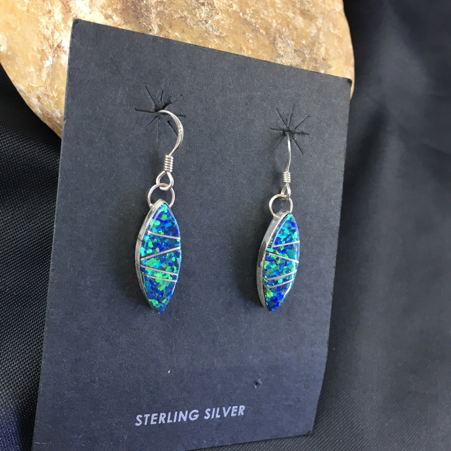 Blue Opal Inlay Navajo Indian Sterling Silver Earrings 2015
